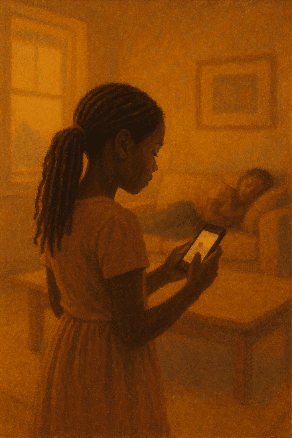 Amelia looking at Paola's phone